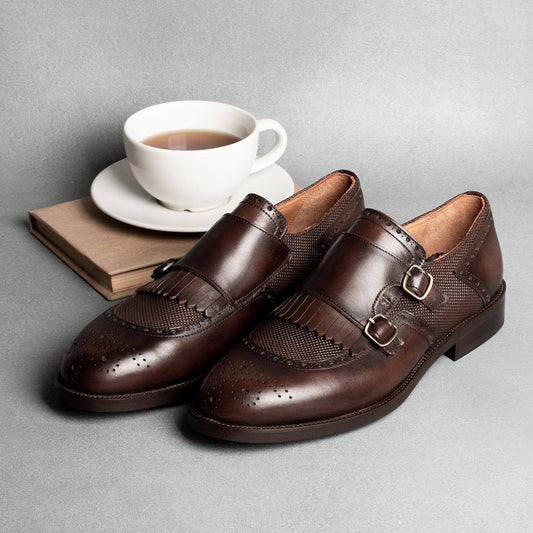 Brown Italian handmade buckle leather shoes