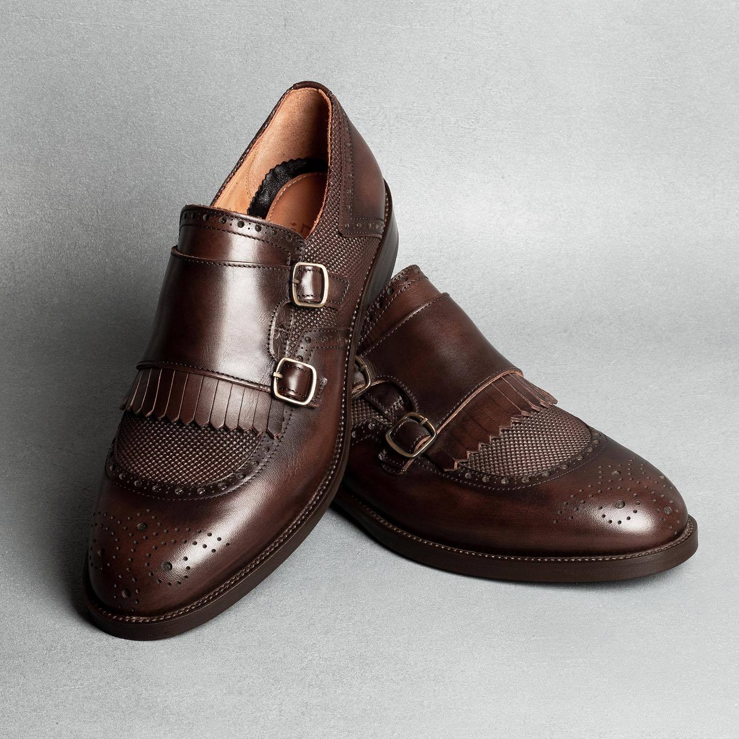 Brown Italian handmade buckle leather shoes