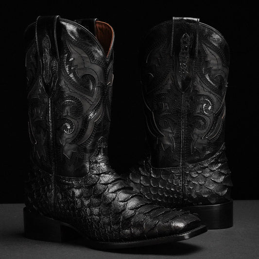 Snake embroidered lace denim boots