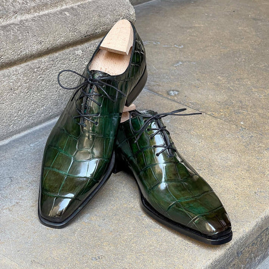 Green textured Italian leather shoes