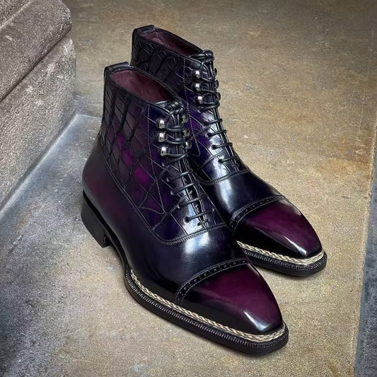 Purple grid stripe Italian high-end handmade leather shoes