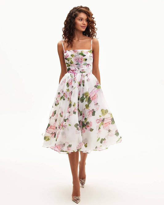 White pink rose waist wrap dress