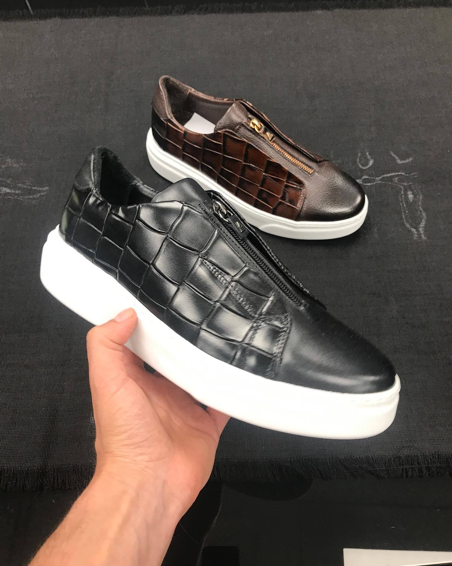 Black Crocodile Mesh Zip Sneakers