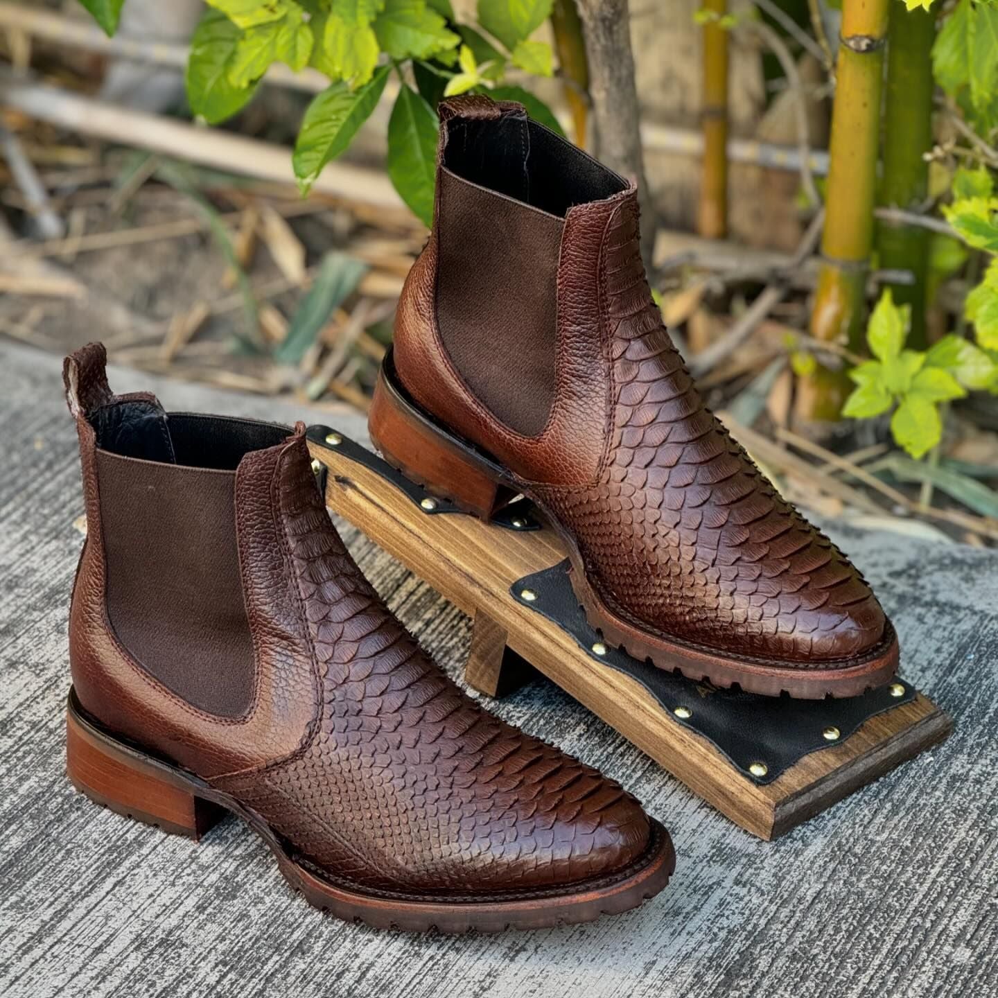 Crocodile pattern brown leather boots