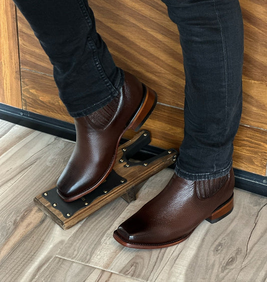 Dark Brown Shiny Italian Denim Slip-On Leather Boots