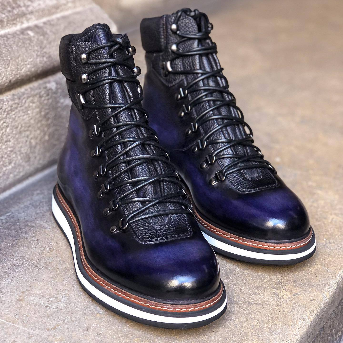 High cut lace up deep blue gradient leather shoes