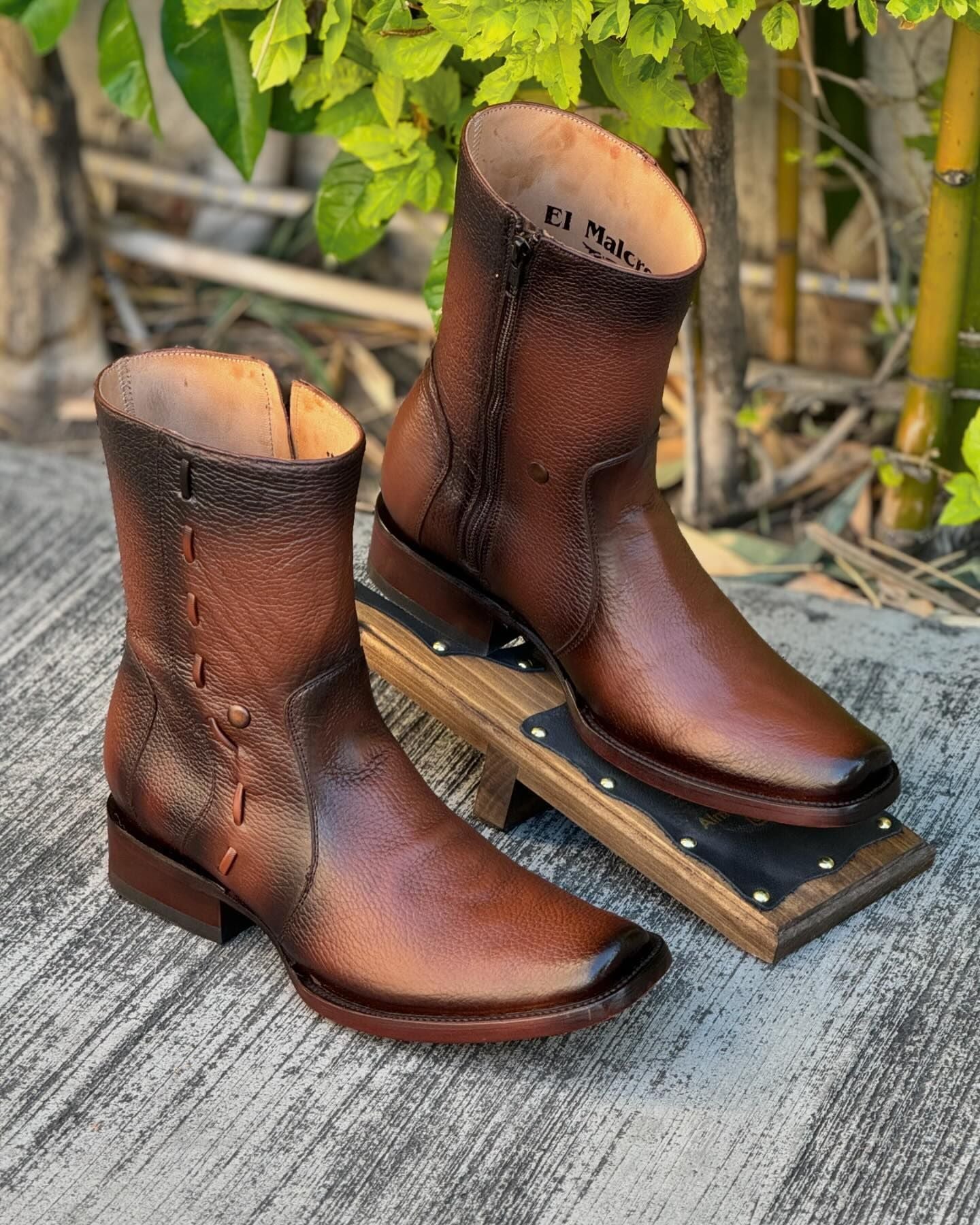 Woven leather dark brown mid-calf cowboy boots