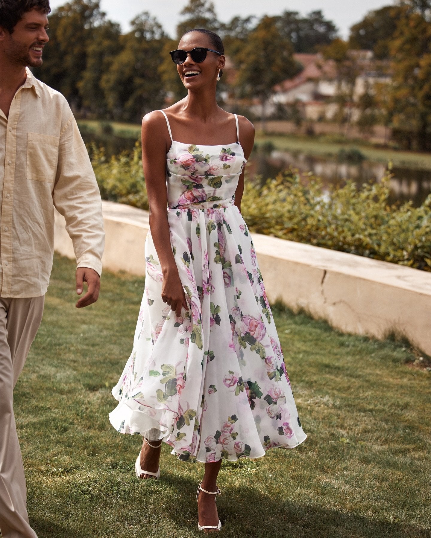 White pink rose waist wrap dress