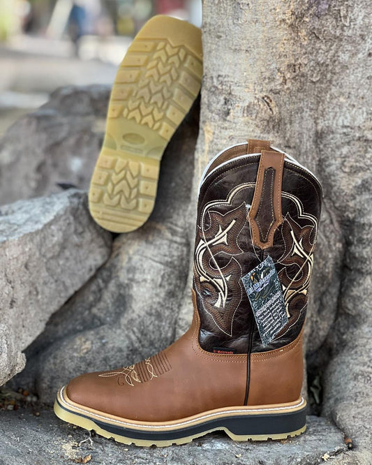 Brown patterned retro denim boots