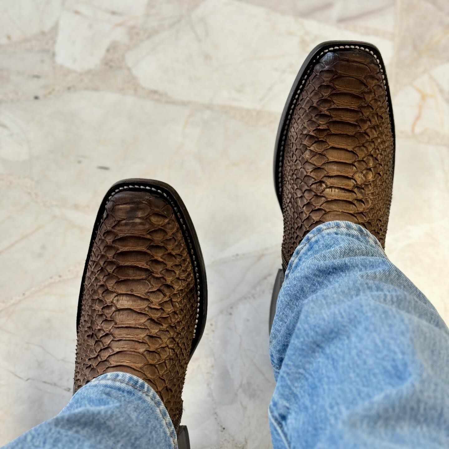 Brown crocodile pattern buckled mid-calf cowboy boots