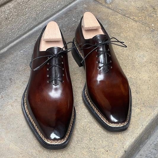 Deep brown patterned carved Italian leather shoes