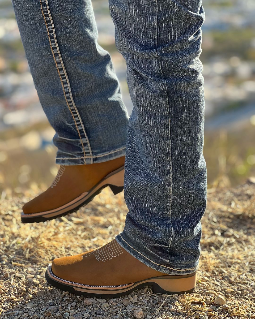 Sports embroidered brown denim boots