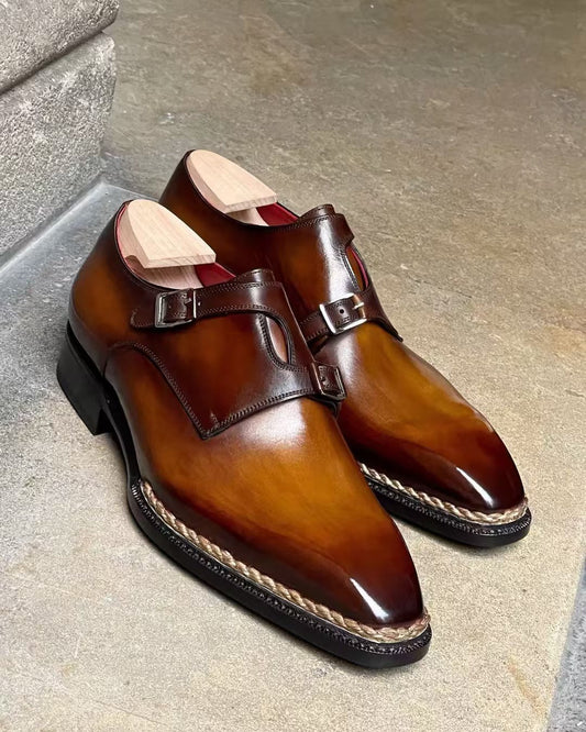 Brown gradient double buckle Italian high-end handmade leather shoes