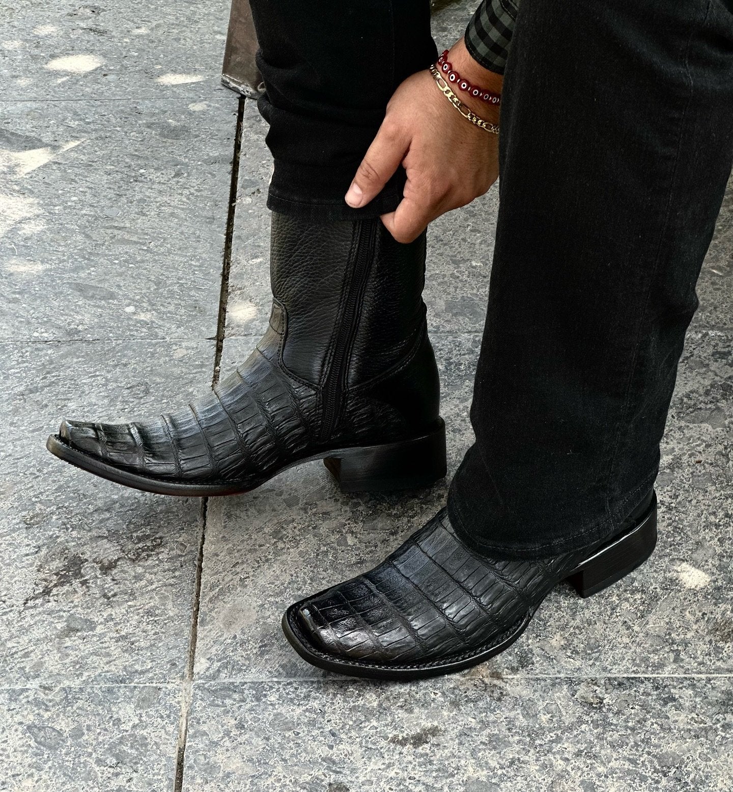 Black Warrior Crocodile Print High Top Cowboy Boots