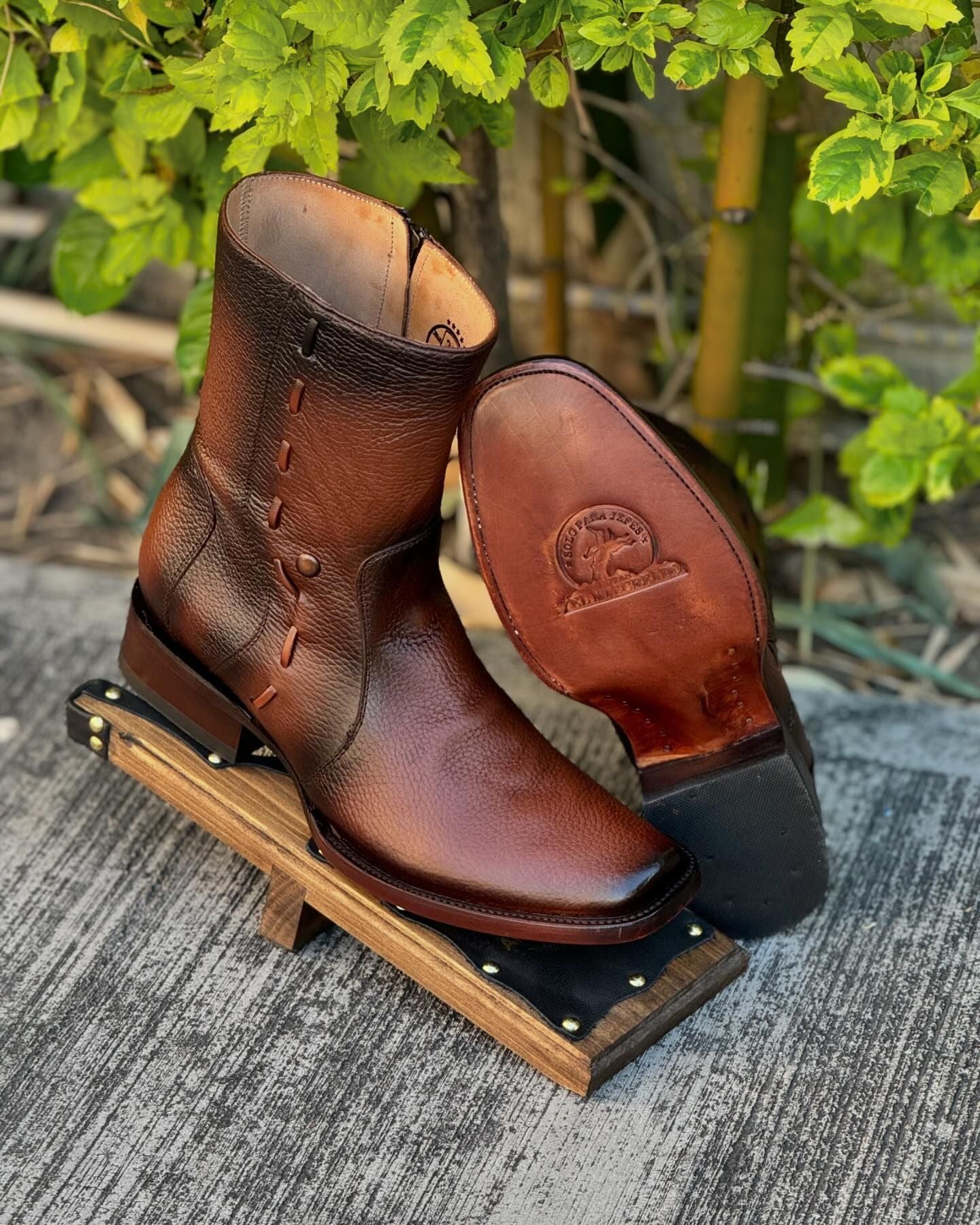 Woven leather dark brown mid-calf cowboy boots