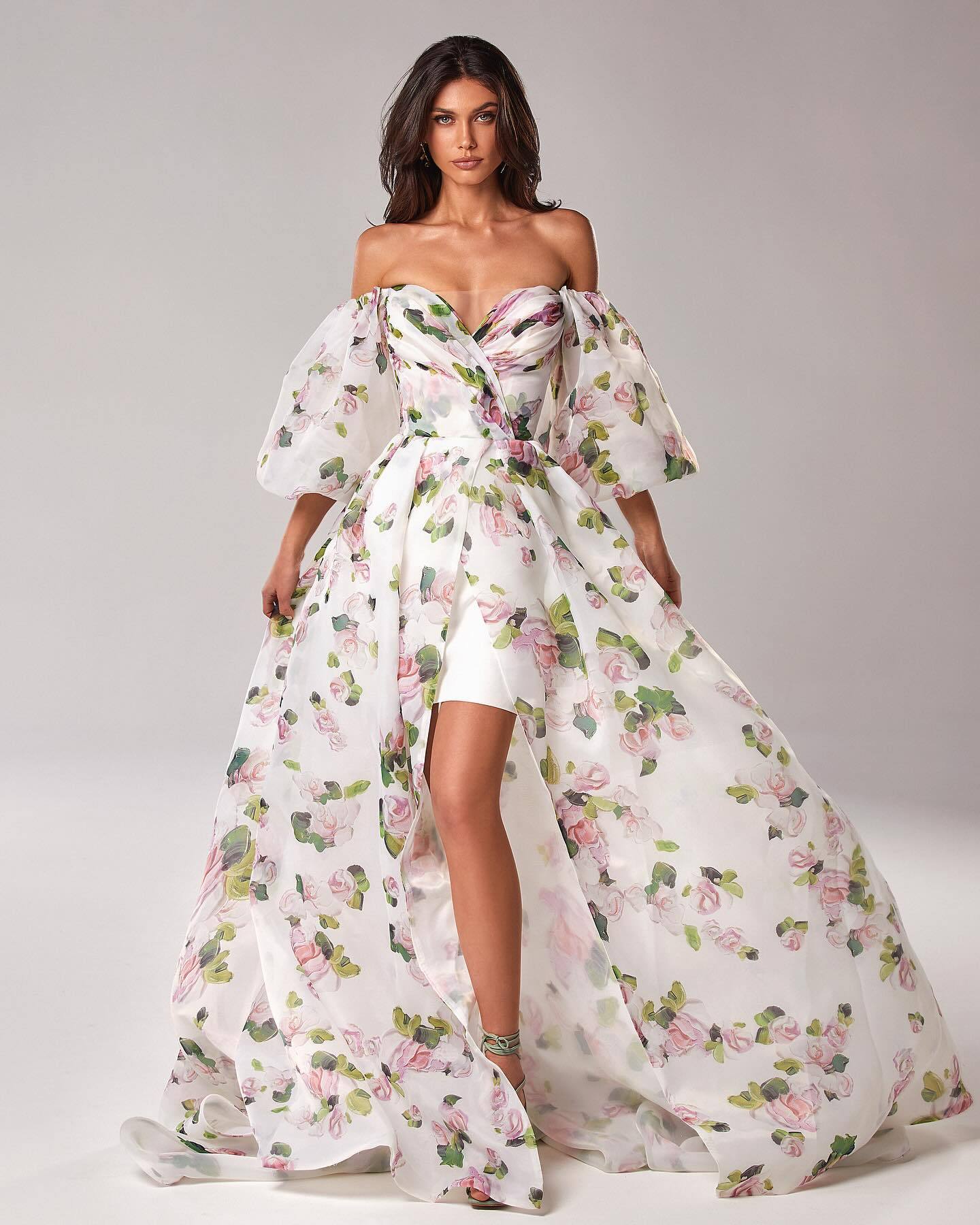 White pink rose mid-sleeve long dress