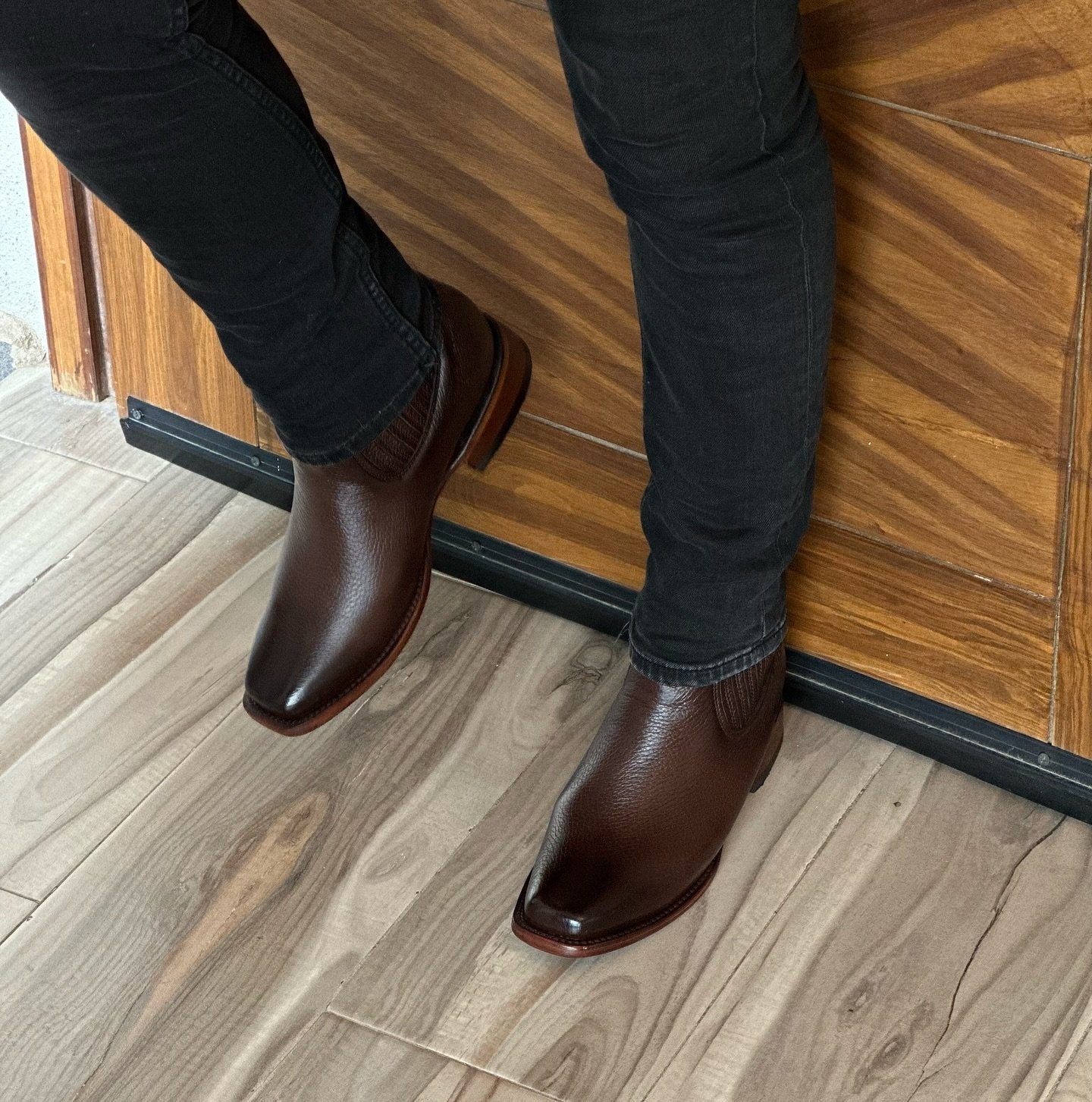 Dark Brown Shiny Italian Denim Slip-On Leather Boots