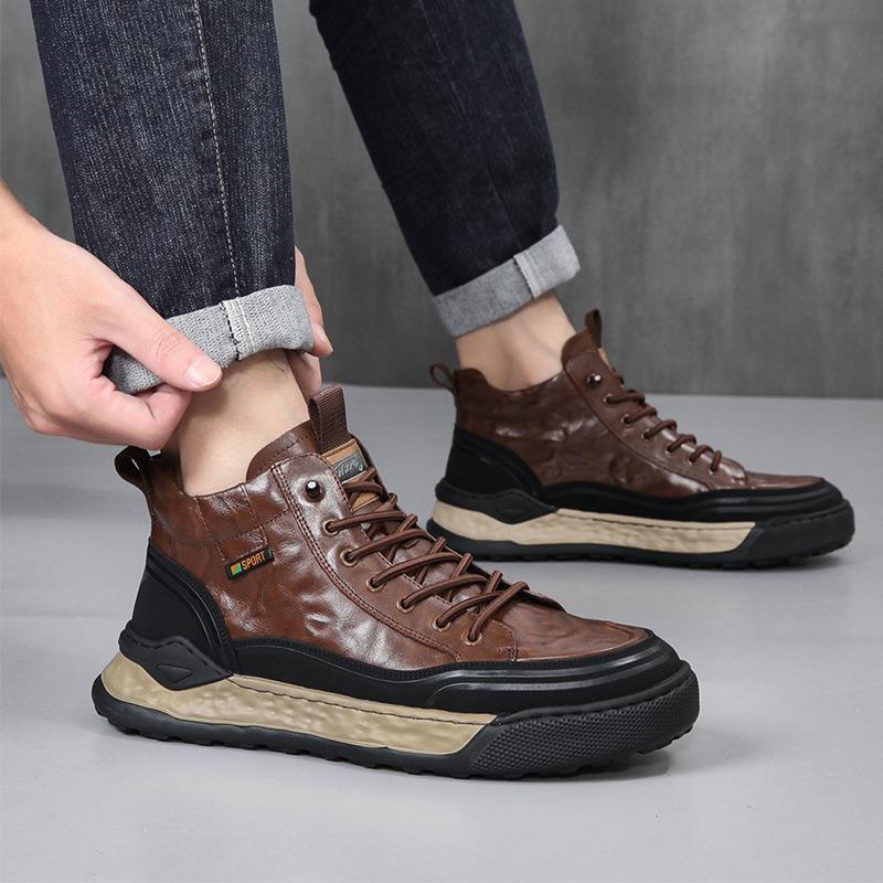 Black brown genuine leather thick sole for warmth no need to tie shoelaces casual shoes