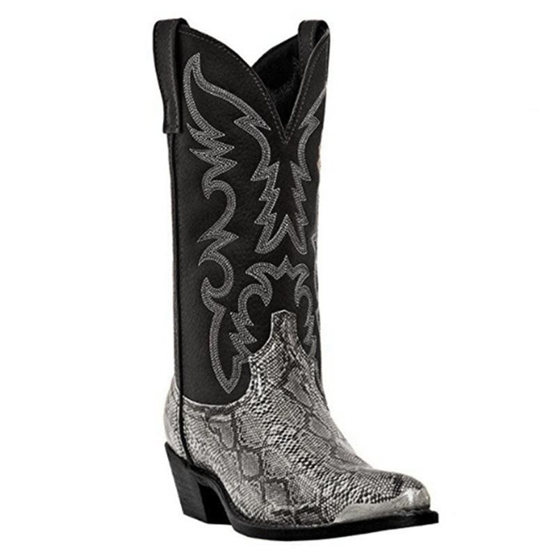 Printed snake high heeled iron head western denim boots