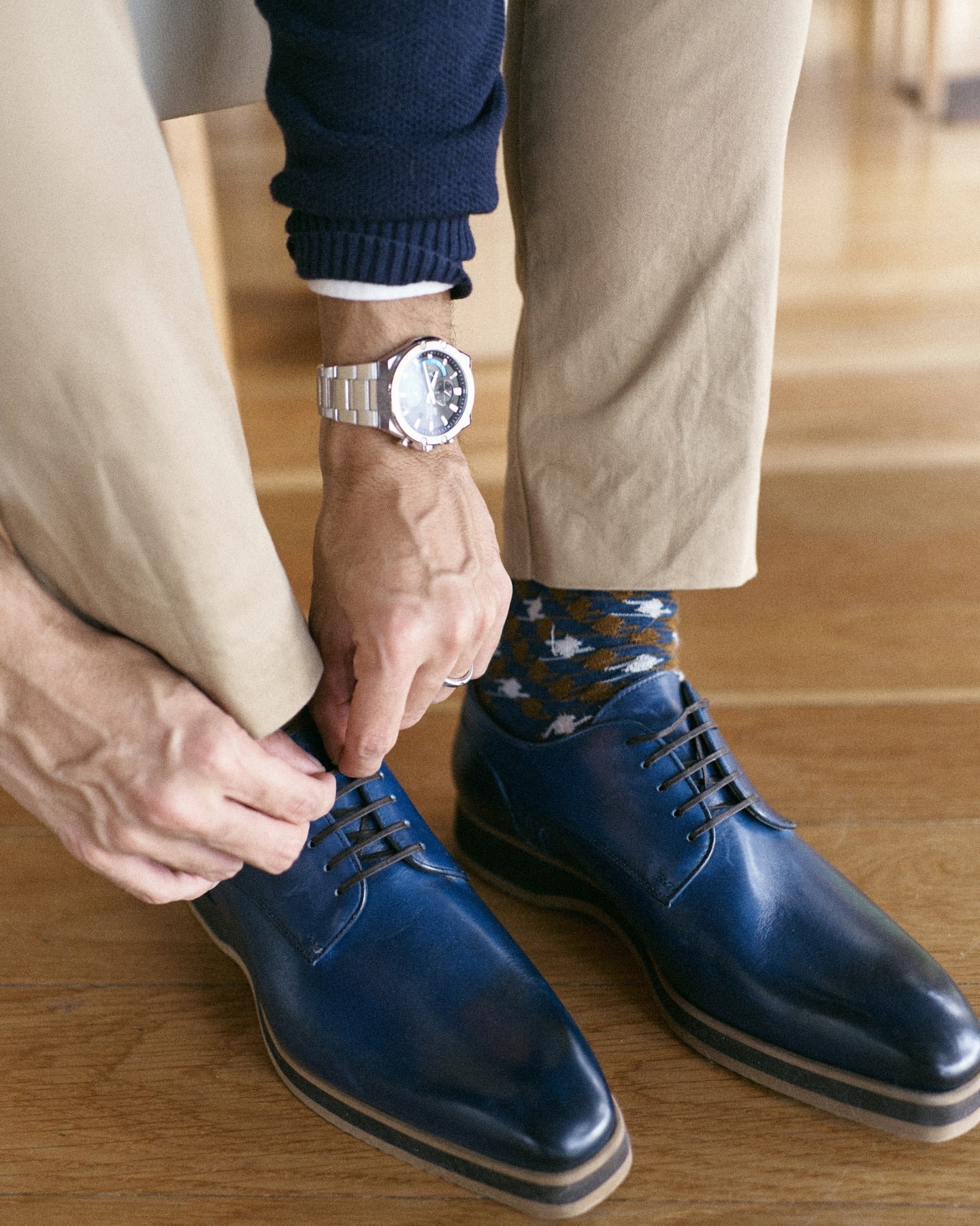 Blue thick sole Italian handmade leather shoes