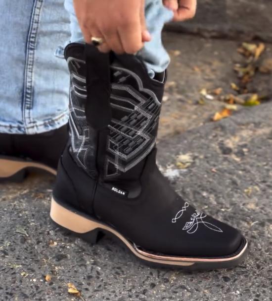 Black embroidered vintage denim boots