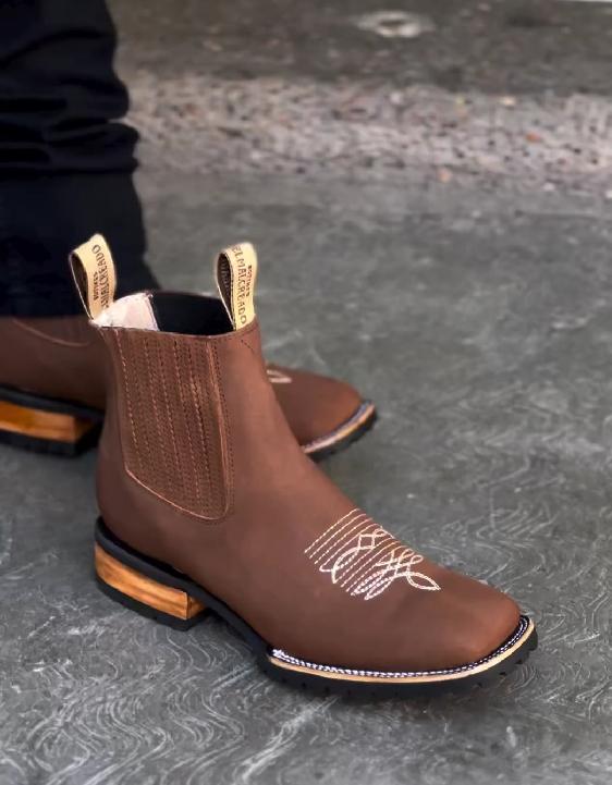 Brown red embroidered wooden sole denim boots