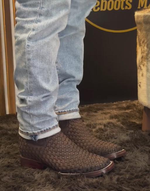 Light Brown Woven Grid Cowboy Boots