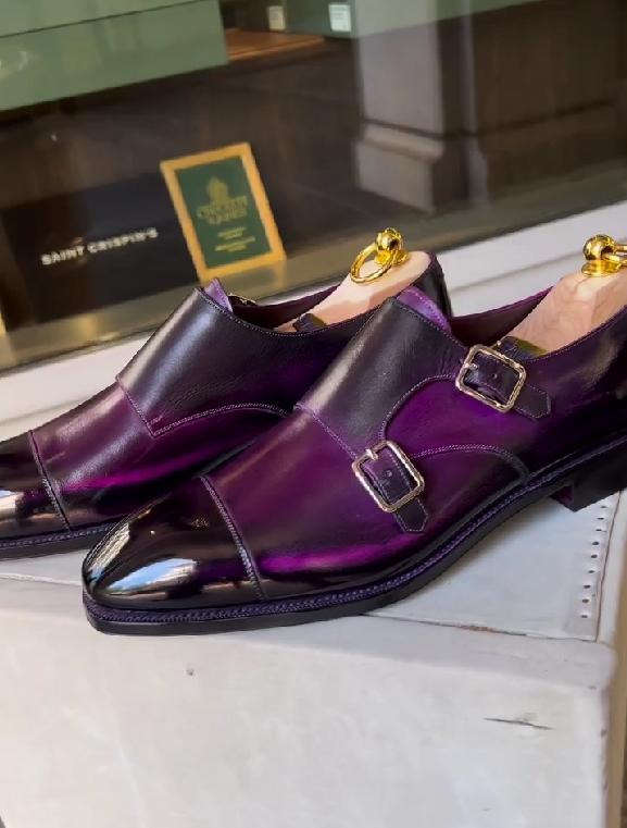 Double buckle purple gradient gentleman Italian leather shoes