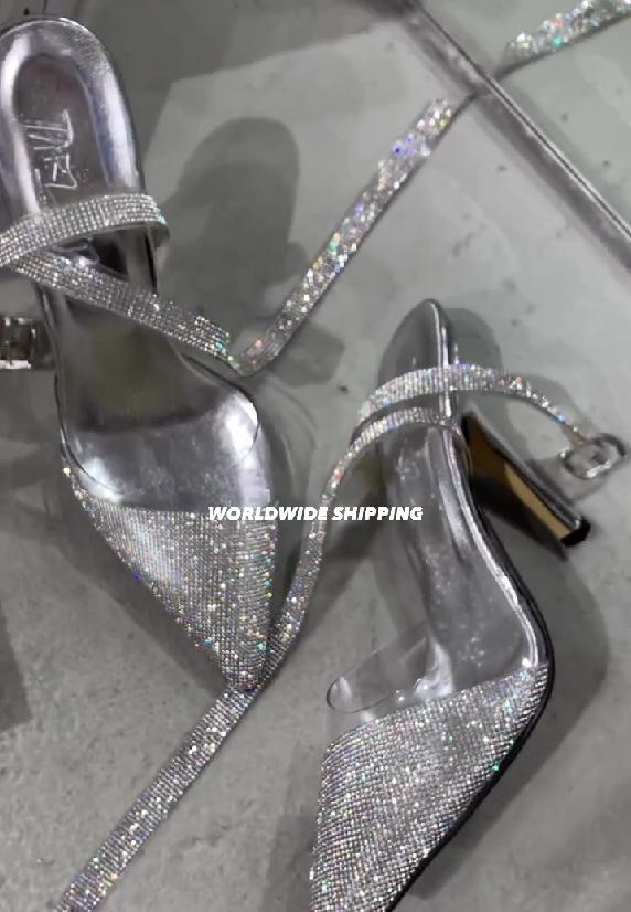 Silver sequin strap pointed high heels