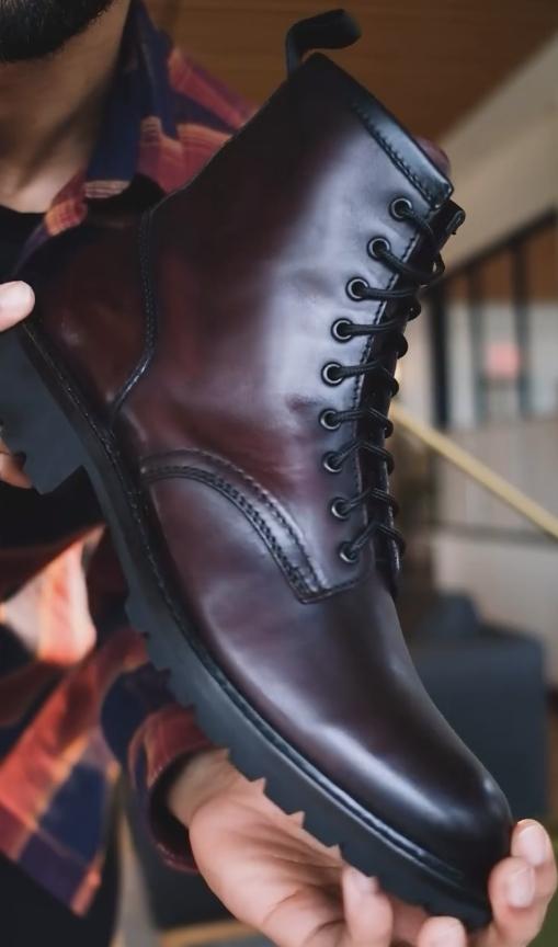 Black and brown mid-calf lace-up Italian leather boots