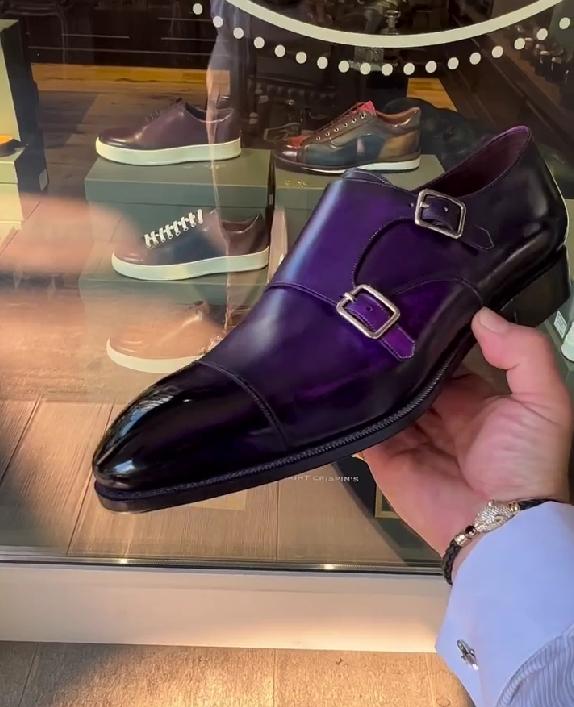 Double buckle deep purple gradient gentleman Italian leather shoes