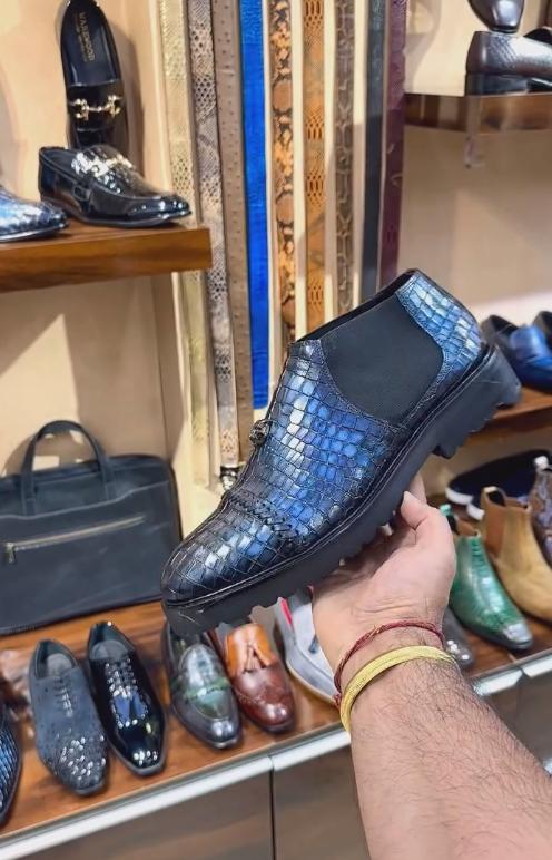 Dark blue crocodile pattern lion head Italian handmade leather boots