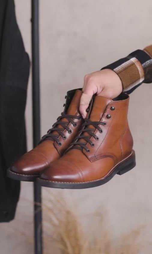 Smooth brown mid-calf lace-up Italian leather boots