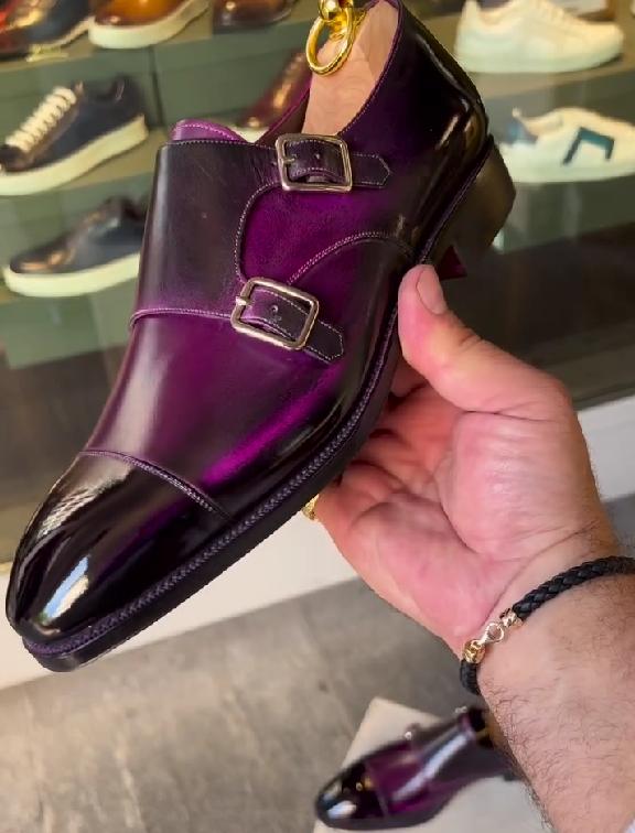 Double buckle purple gradient gentleman Italian leather shoes