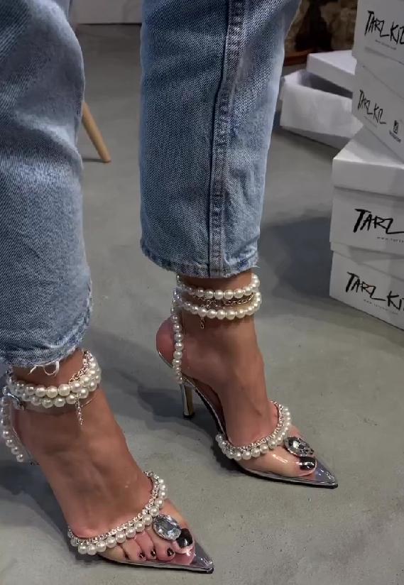 Pearl strap pointed high heels