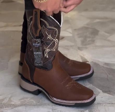 Patterned brown high cut denim boots