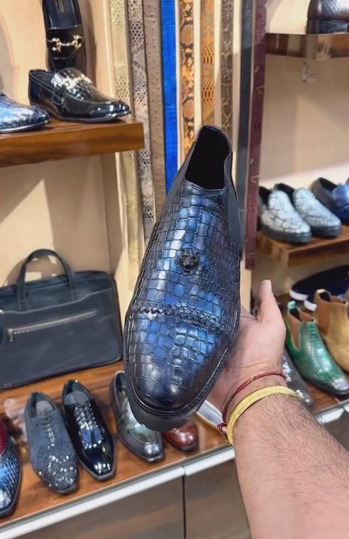 Dark blue crocodile pattern lion head Italian handmade leather boots