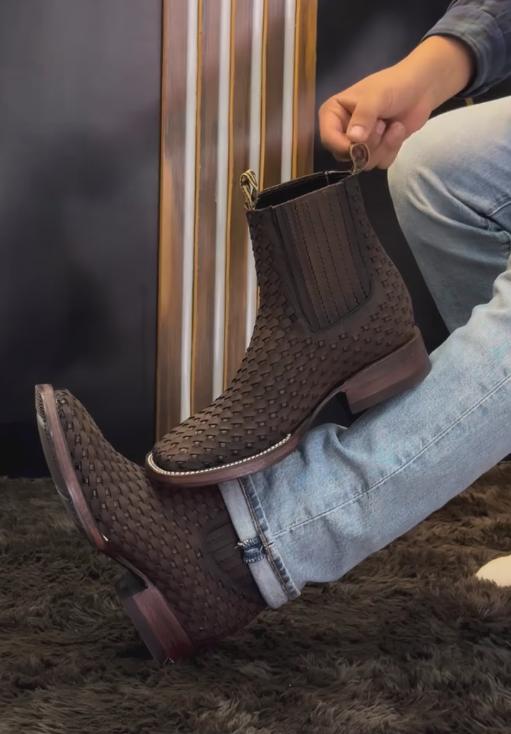 Light Brown Woven Grid Cowboy Boots