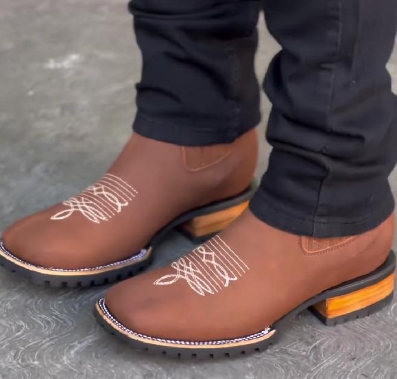 Brown red embroidered wooden sole denim boots