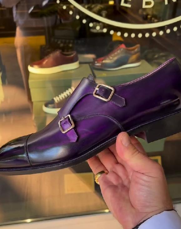 Double buckle deep purple gradient gentleman Italian leather shoes