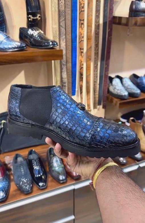 Dark blue crocodile pattern lion head Italian handmade leather boots