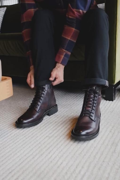 Black and brown mid-calf lace-up Italian leather boots