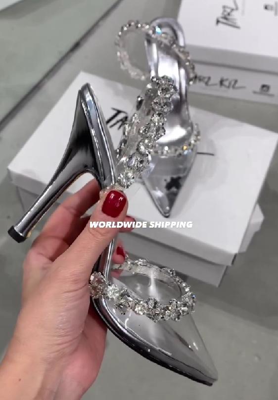 Diamond studded silver pointed high heels