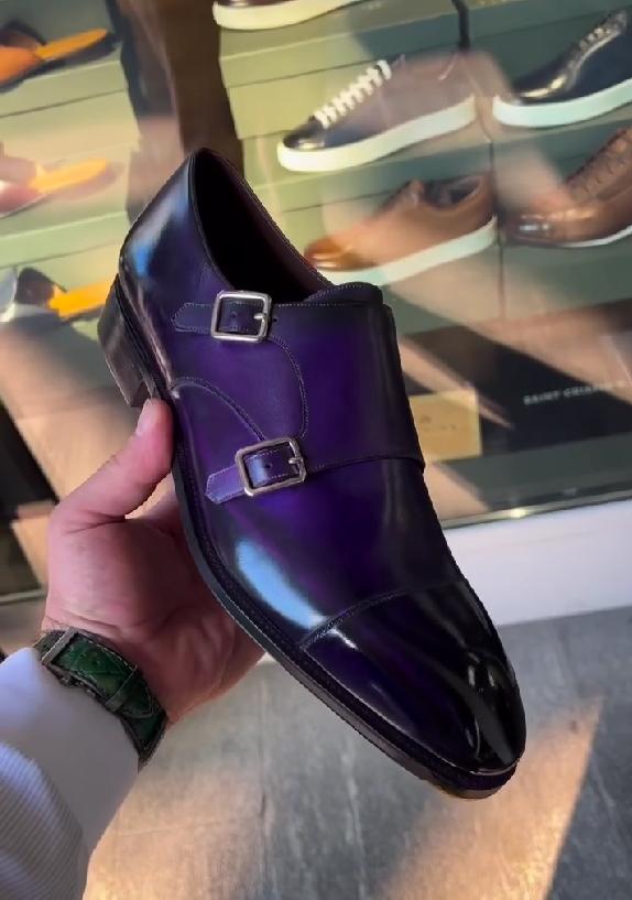 Double buckle deep purple gradient gentleman Italian leather shoes