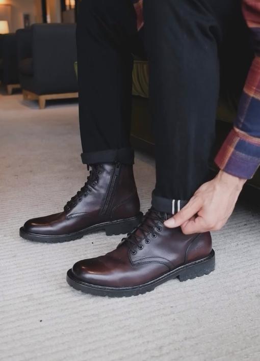 Black and brown mid-calf lace-up Italian leather boots