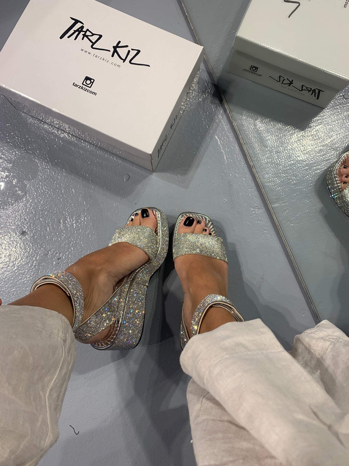 Silver Sequin Strap Platform Sandals