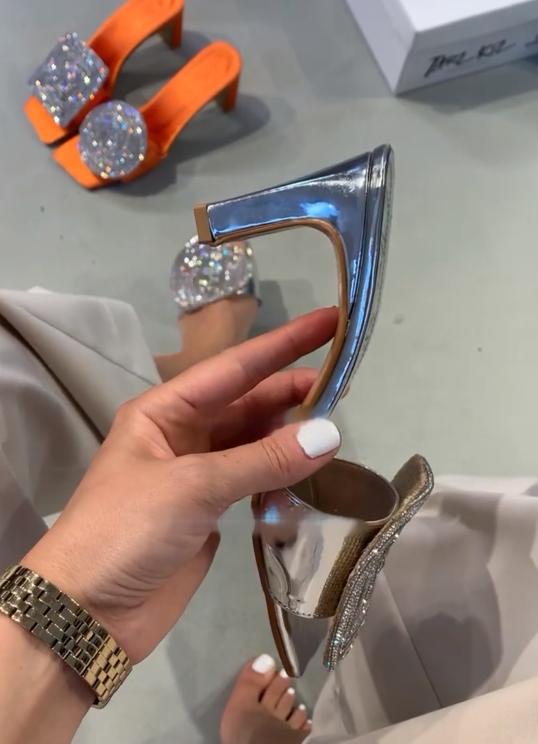 Low Heel Silver Shiny Sandals